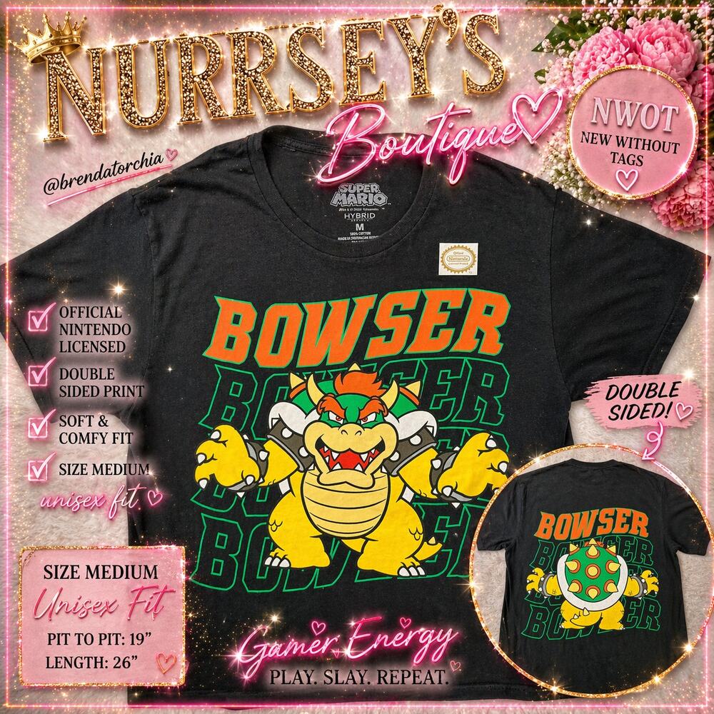 Super Mario Bowser Graphic Tee Black Medium Nintendo Double Sided NWOT